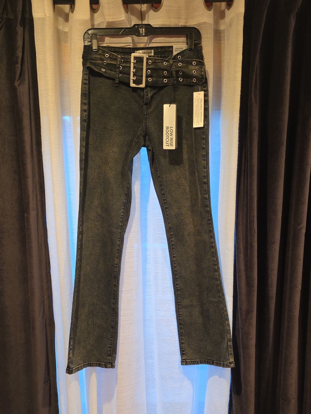 Madden Girl Washed Black Low-Rise Bootcut Jeans with Grommet Belt